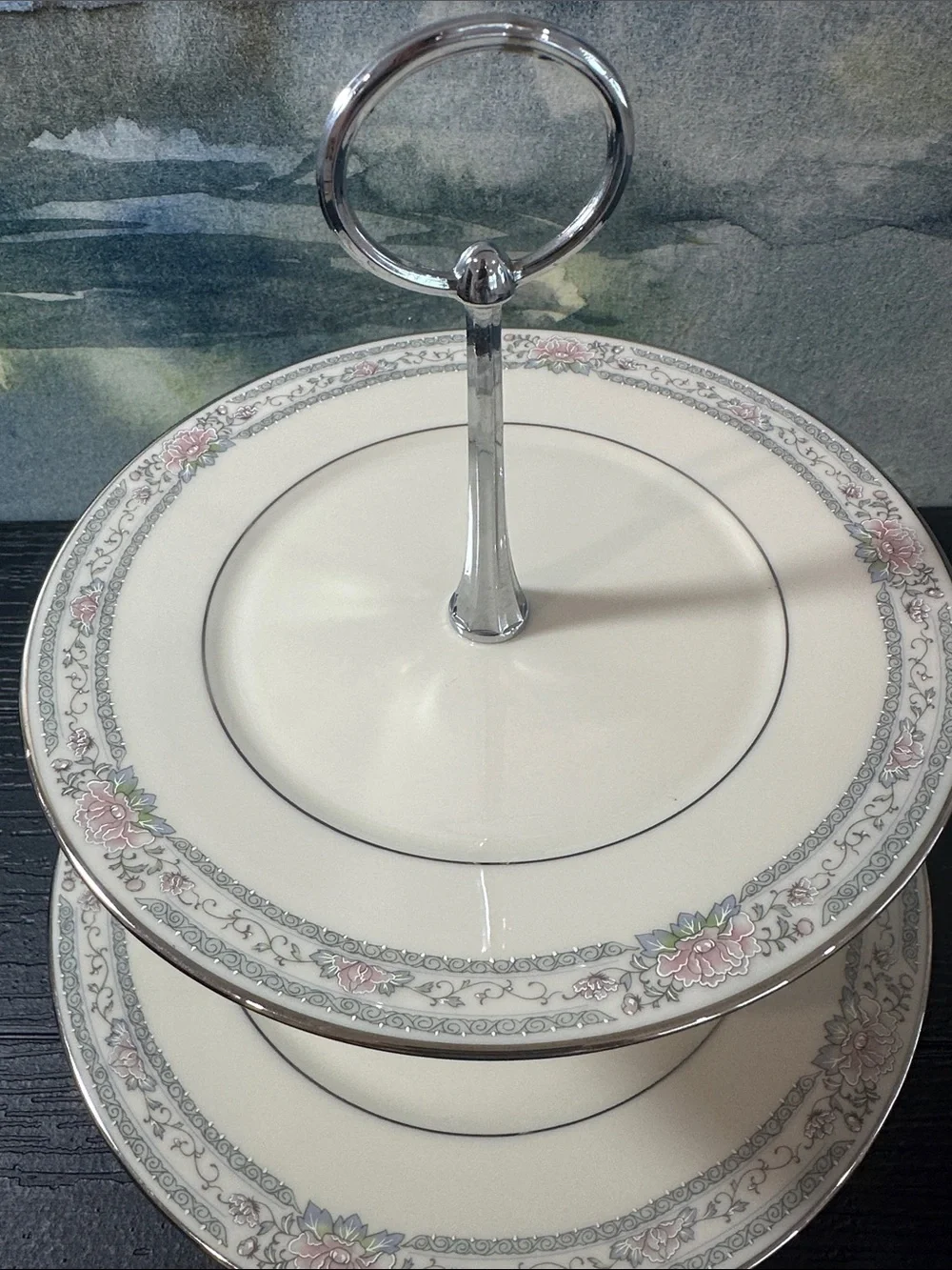 Lenox  Charleston Two Tier Cream and Pink, Silver Rimmed. Floral Serving Stand